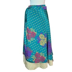 Upcycled Sari Boho Wrap Skirt Dress Reversible Earthtones and Teal XL Hippie
